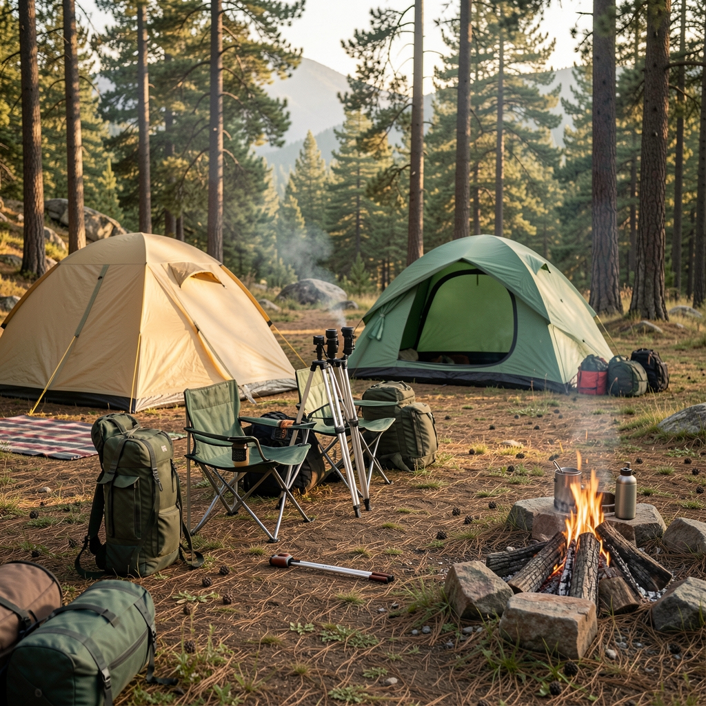 Profesyonel outdoor ekipmanları sıralı olarak kamp alanında
