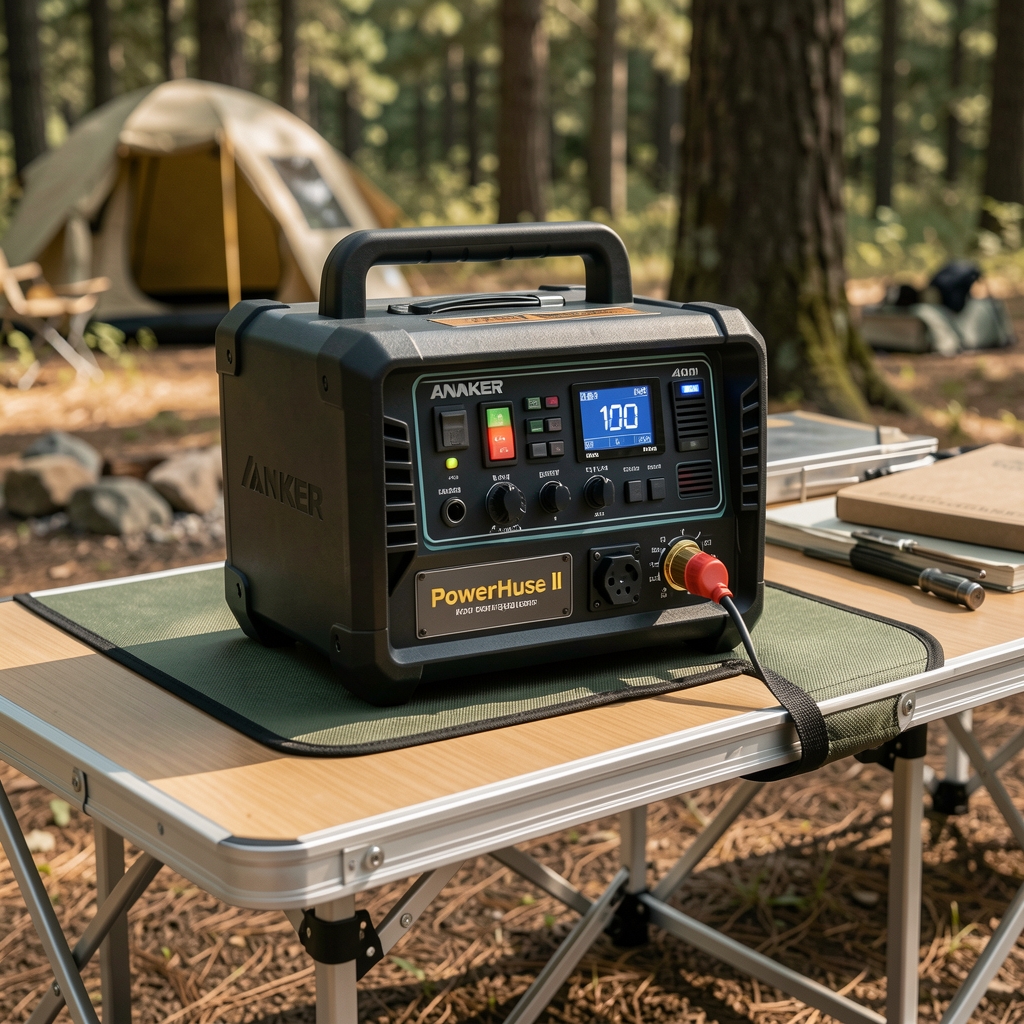 Anker PowerHouse II 400 kompakt güç istasyonu kamp masasında