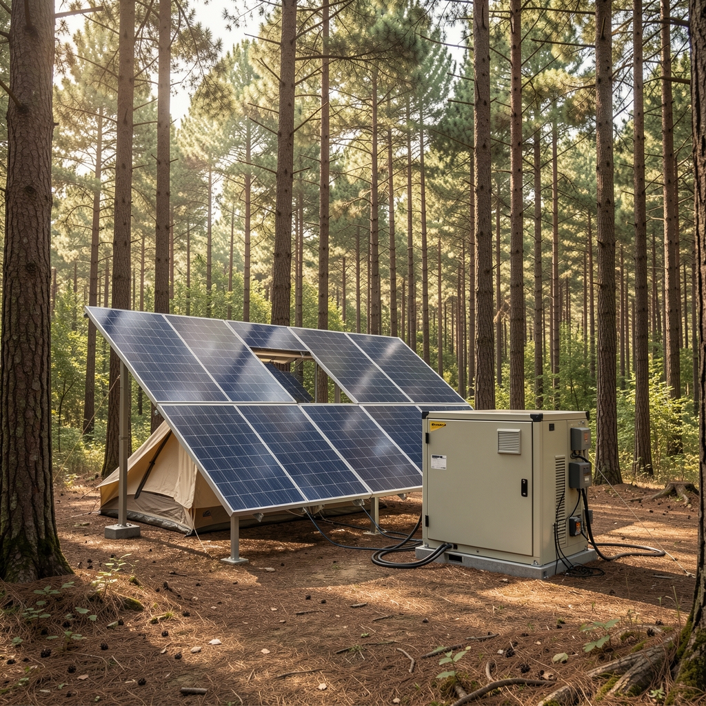 Çam ormanı içinde kurulmuş kamp alanında katlanabilir solar panel ve güç istasyonu düzeneği
