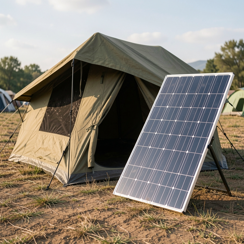 Kamp çadırı yanında açık katlanabilir solar panel