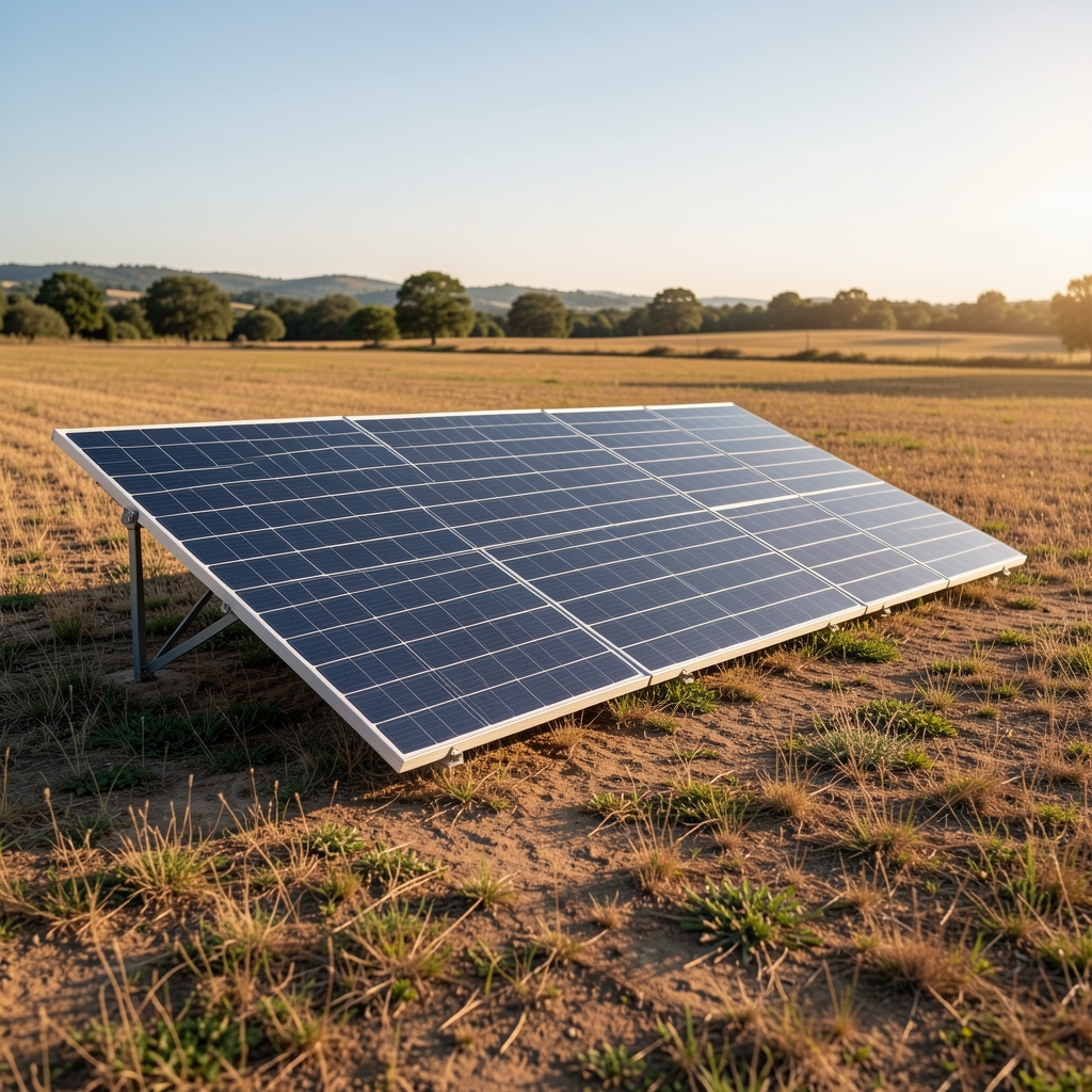 Güneş ışığında açık arazi üzerine yerleştirilmiş katlanmış solar panel