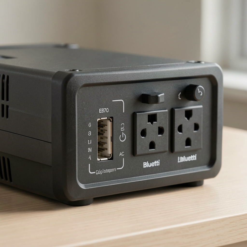 Bluetti EB70 güç istasyonu çıkış paneli USB ve AC soket görünümü