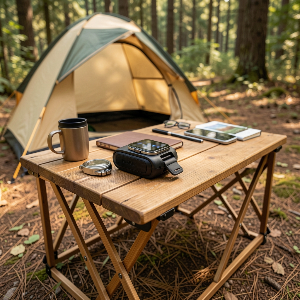 Outdoor aktiviteleri için tasarlanmış akıllı saat kamp masasında