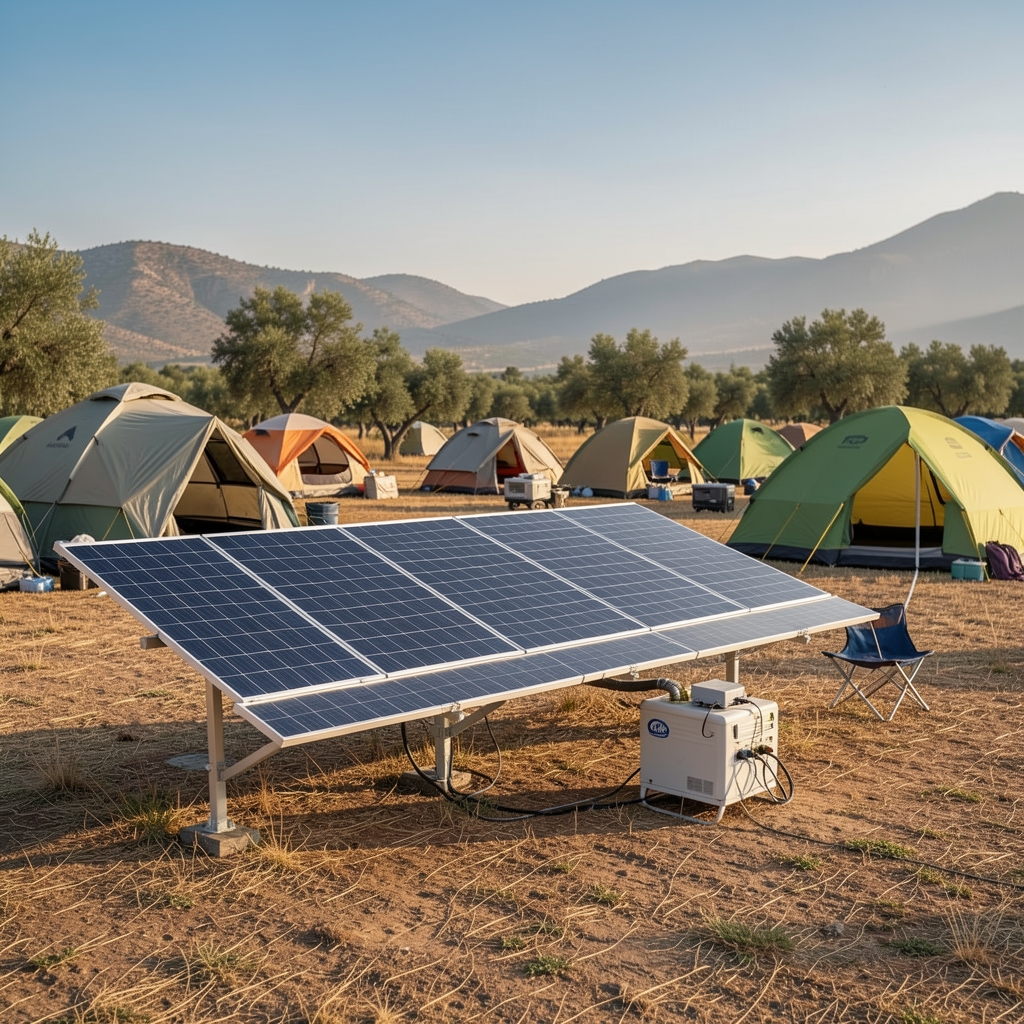 Katlanabilir solar panel ve taşınabilir enerji ünitesi kamp alanında